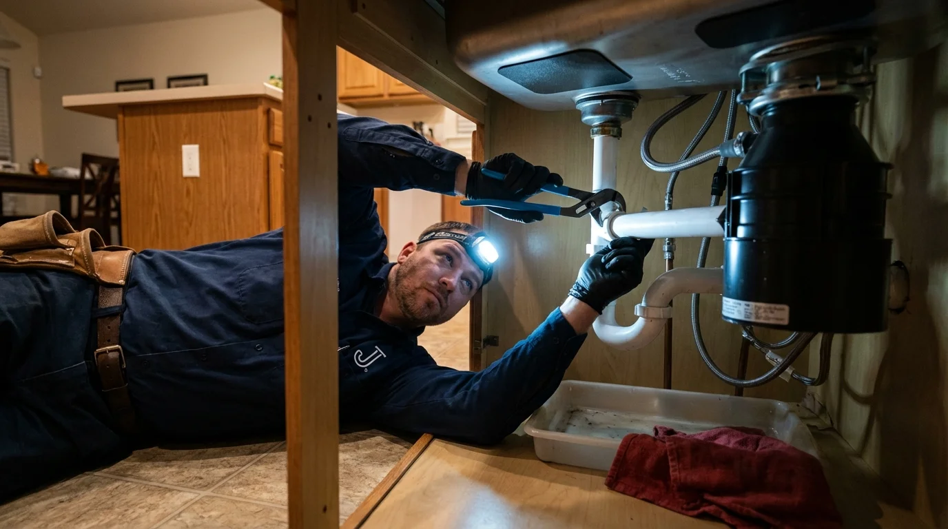 P-trap and supply line connections under a kitchen sink showing a common leak point in Stillwater, NY